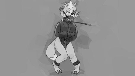 arms_in_front ball_gag bdsm biped bondage bound captured collar cuff_(restraint) ear_piercing ear_tag gag gagged leash leash_pull leashed_collar male padlocked_collar piercing restrained restraints solo straitjacket pastryglaze nintendo star_fox wolf_o'donnell canid canine canis mammal wolf monochrome