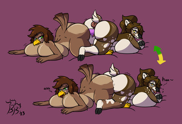 3_fingers 3_talons 4_fingers anthro anus avian_feet beak big_anus big_breasts black_hooves black_nose breast_squish breasts brown_body brown_hair butt conjoined dildo dipstick_ears double_dildo duo ear_markings eyebrows eyelashes feathers female female/female female_penetrated female_penetrating female_penetrating_female fingers freckled_face freckles genitals green_eyes hair hooves huge_breasts inner_ear_fluff long_eyelashes markings multicolored_body multicolored_ears orange_beak overweight overweight_anthro overweight_female penetration pink_anus pink_vulva puffy_anus purple_background sex sex_toy simple_background spots spotted_legs spotted_markings spotted_shoulders spotted_tail spotted_thighs squish tail tail_feathers tail_markings tan_inner_ear_fluff tuft vaginal vaginal_penetration vulva yellow_eyes bring0brong0 pilot129 bringo_(bring0brong0) pilot_(pilot129) accipitrid accipitriform avian bird deer eagle mammal 2023 hi_res shaded