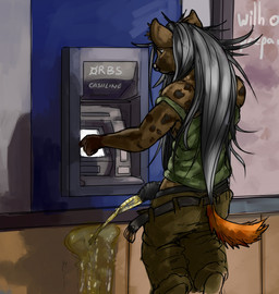 anthro atm bodily_fluids casual_urination clothing foreskin genital_fluids genitals male male_peeing outside peeing penis public public_urination solo urine datkeks hyena mammal hi_res