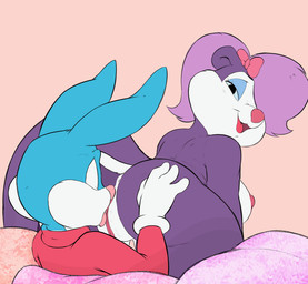 accessory anthro anus blue_body blue_fur blue_sclera bow_ribbon breasts butt clothing cunnilingus duo eyes_closed facesitting female female_on_top fur genitals gloves hair hair_accessory hair_bow hair_ribbon hand_on_butt handwear interspecies licking lidded_eyes looking_back male male/female on_top oral purple_body purple_fur purple_hair red_clothing red_shirt red_topwear ribbons sex shirt side_boob sitting sitting_on_another tongue topwear vaginal vulva usnarbit tiny_toon_adventures warner_brothers buster_bunny fifi_la_fume lagomorph leporid mammal mephitid rabbit skunk animated