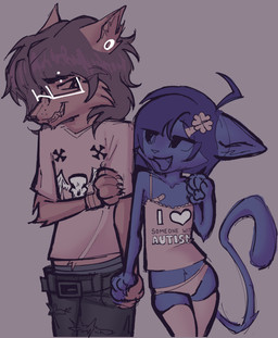accessory age_difference ahoge anthro band-aid bandage blue_body blue_fur blue_hair brown_body brown_fur brown_hair cat_tail clothing cross duo ear_piercing eyebrow_piercing eyewear facial_piercing female fur gauged_ear glasses hair hair_accessory hairclip iron_cross legwear male male/female messy_hair piercing size_difference thigh_highs wearing_glasses young young_anthro young_female werehouse lucas_(werehouse) nana_(werehouse) canid canine canis domestic_cat domestic_dog felid feline felis german_shepherd herding_dog mammal pastoral_dog absurd_res hi_res