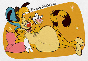 anthro belly big_belly blue_clothing blue_headwear chest_tuft clothing dessert doughnut eyebrows food fur hair hat hat_only headgear headgear_only headwear headwear_only holding_food holding_object looking_at_viewer lying male markings mostly_nude multicolored_body narrowed_eyes overweight overweight_anthro overweight_male pastry pawpads pink_frosted_sprinkled_doughnut raised_eyebrows simple_background smile solo sparkles striped_markings striped_tail stripes tail tail_markings teeth text tongue tuft two_tone_body weight_gain white_background remmyfox bonkers_(series) disney bonkers_d._bobcat bobcat felid feline lynx mammal digital_media_(artwork) english_text hi_res