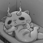 ambiguous_gender anthro butt butt_focus looking_at_viewer lying open_mouth solo surprised_expression thael asian_mythology east_asian_mythology japanese_mythology level-5 mythology yo-kai_watch komasan canid canine canis domestic_dog foo_dog komainu mammal yokai greyscale hi_res monochrome male_(lore)