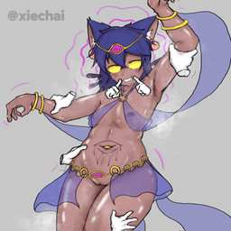 anthro belly_dancer belly_dancer_outfit bracelet brown_body clothing disembodied_hand ear_piercing ear_ring female forced_smile genitals gold_(metal) gold_jewelry hair harem_outfit hypnosis ineffective_clothing jewelry mind_control navel navel_piercing piercing purple_eyes purple_hair ring_piercing tech_control vulva whiskers yellow_sclera xiechai01 oneshot niko_(oneshot) felid feline felis mammal 1:1 2d_animation animated colored hi_res motion_tweening