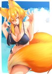 5_fingers amber_eyes big_breasts bikini blonde_hair blush bottomless breasts cleavage clothed clothing cloud convenient_censorship covering covering_crotch day female fingers fluffy fluffy_tail fox_shadow_puppet fur gesture hair holding_object looking_at_viewer navel outside pupils slit_pupils smile solo swimwear tail tail_censorship two-piece_swimsuit yellow_body yellow_fur ishimizu08 animal_humanoid canid canid_humanoid canine canine_humanoid fox_humanoid humanoid mammal mammal_humanoid 2019 absurd_res hi_res portrait three-quarter_portrait