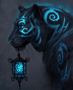 ambiguous_gender black_body black_fur blue_eyes blue_nose blue_stripes feral fur lamp lantern melanistic simple_background solo standing stripes whiskers jademerien felid mammal pantherine tiger digital_media_(artwork) hi_res