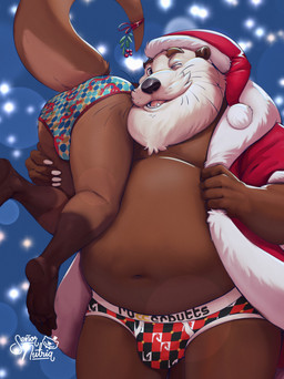 anthro beard belly big_belly biped brown_body bulge bulge_from_behind butt carrying_another christmas_clothing christmas_headwear clothed clothing duo facial_hair hat headgear headwear holidays humanoid_hands male male/male mature_male navel one_eye_closed overweight overweight_anthro overweight_male partially_clothed santa_hat underwear wink senor_nutria christmas rudderbutts mike_(rudderbutts) santa_claus xavier_(rudderbutts) mammal mustelid otter river_otter 2025 hi_res