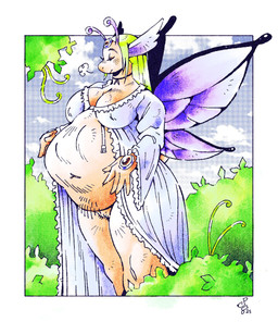 anthro belly big_belly breasts choker clothed clothing clothing_lift dress dress_lift eyes_closed eyeshadow female genitals gown hairy_vulva head_wings insect_wings jewelry lepidopteran_wings makeup necklace nipples nipples_through_clothes plant shrub sigh solo unusual_wing_placement vore vulva wings cammypuppy fairy hi_res