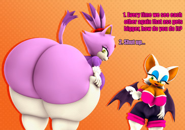 accessory annoyed anthro armwear bat_wings big_breasts big_butt big_ears black_nose bodysuit boots bottomwear breasts bubble_butt butt butt_cleavage checkered checkered_background cleavage clothed clothing dialogue duo elbow_gloves eyelashes eyeshadow female footwear fur gloves green_eyes hair hair_accessory hair_tie handwear huge_butt hyper hyper_butt lidded_eyes long_eyelashes looking_at_butt looking_at_own_butt makeup membrane_(anatomy) membranous_wings multicolored_body multicolored_fur open_mouth open_smile pants pattern_background purple_body purple_fur purple_hair purple_tail shoes side_boob simple_background skinsuit smile standing tail text thick_thighs tight_clothing topwear two_tone_body two_tone_fur white_armwear white_body white_boots white_bottomwear white_clothing white_elbow_gloves white_footwear white_fur white_gloves white_hair white_handwear white_pants wings yellow_eyes cindablimp kabalmystic_(modeler) sega sonic_the_hedgehog_(series) blaze_the_cat rouge_the_bat bat domestic_cat felid feline felis mammal 2024 3d_(artwork) digital_media_(artwork) english_text hi_res source_filmmaker_(artwork)