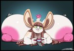 anthro areola big_areola big_breasts big_nipples blue_eyes breasts brown_hair controller female game_controller hair huge_areola huge_breasts huge_nipples hyper hyper_areola hyper_breasts hyper_nipples nipples nude solo sound_effects text tongue tongue_out deonwolf coinin_(volk) lagomorph leporid mammal rabbit 2023 digital_media_(artwork) english_text