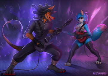 4_toes 5_fingers anthro black_hair blue_body blue_fur blue_hair breasts clothed clothing dipstick_tail dreadlocks electric_guitar eyebrows eyelashes feet female fingers fur guitar hair legwear male markings multicolored_tail musical_instrument musical_note musical_symbol open_mouth pawpads playing_guitar playing_music plucked_string_instrument red_pawpads rocking_out smile string_instrument symbol tail tail_markings thigh_highs toes tongue tlt_echelon canid canine fox mammal 2021 digital_media_(artwork)