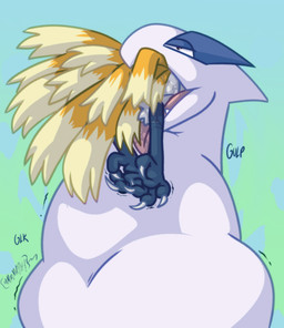 ambiguous_gender duo feathers feet feral lidded_eyes neck_bulge onomatopoeia open_mouth oral_vore simple_background sound_effects tail tail_feathers talons text toes tongue twitching vore white_body dragunsnack nintendo pokemon generation_2_pokemon ho-oh legendary_pokemon lugia pokemon_(species) absurd_res hi_res