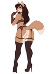 5_fingers anthro big_butt black_clothing black_footwear black_high_heels boots bottomless bra brown_hair brown_nails butt candy choker clothed clothing colored_nails countershade_face countershade_legs countershade_torso countershading dessert dipstick_tail ear_piercing ear_ring female fingers food footwear fur garter_belt garter_straps green_eyes hair high_heeled_boots high_heels holding_candy holding_food holding_lollipop holding_object hoop_ear_ring inner_ear_fluff jewelry legwear licking lingerie lollipop looking_back markings nails necklace piercing platform_boots platform_footwear platform_heels ring_piercing shoes simple_background solo squish standing stockings tail tail_markings tan_body tan_fur thick_thighs thigh_boots thigh_highs thigh_squish tongue tongue_out tuft underwear white_background missy_(artist) nikki_(missy) canid canine fox mammal 2021 digital_media_(artwork)