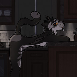 anthro bat_wings biped bodily_fluids breasts butt counter dim_lighting drooling female female_anthro fluffy fluffy_hair hair horn kitchen leg_markings markings membrane_(anatomy) membranous_wings piercing saliva side side_boob side_view solo spikes standing tail teeth thigh_markings thighs_together view wings mchaos dahlia bat felid kaiju mammal pantherine tiger 1:1 hi_res