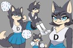 anthro blue_eyes bottomwear breasts cheerleader clothed clothing female footwear fur grey_body grey_fur looking_at_viewer multicolored_body multicolored_fur shoes skirt socks solo tail tan_body tan_fur ychicken playerunknown's_battlegrounds team_mascot_(pubg) canid canine fox mammal 2025 3:2