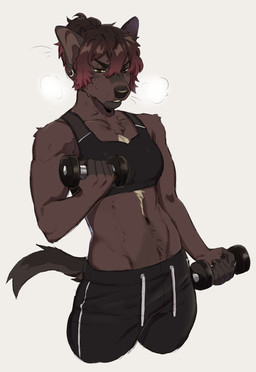 accessory anthro athletic athletic_anthro athletic_female athletic_wear biped black_nose bodily_fluids bottomwear bra breasts breath brown_body brown_fur chest_markings chest_tuft clothing clothing_cord drawstring dumbbell ear_piercing ear_ring exercise exercise_clothing female fur gradient_hair hair hair_accessory hair_tie markings midriff muscular muscular_female navel panting pants piercing ring_piercing short_hair simple_background small_breasts solo sports_bra standing sweat sweatpants teeth tomboy tuft underwear v-cut weightlifting weights whiskers white_background white_markings workout kasusei maremare gulonine mammal marten mustelid musteline unknown_species digital_media_(artwork) hi_res portrait three-quarter_portrait