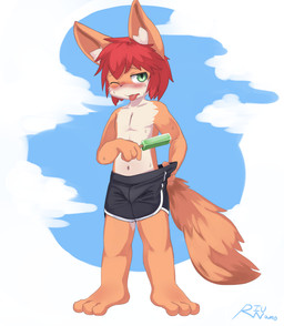 3_toes 4_fingers anthro big_tail black_nose blue_background blush blush_lines bodily_fluids bottomwear clothed clothing cloud eyebrow_through_hair eyebrows facial_tuft feet fingers fluffy fluffy_tail food fur green_eyes hair holding_object inner_ear_fluff male narrowed_eyes navel one_eye_closed orange_body orange_ears orange_fur orange_tail pointy_ears popsicle red_hair shorts shorts_only simple_background solo sweat sweatdrop tail toes tongue tongue_out topless translucent translucent_hair tuft white_background white_body white_eyebrows white_fur white_inner_ear_fluff young young_anthro young_male riunamo mero_(riunamo) canid canine fox mammal hi_res signature
