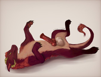4_toes 5_fingers animal_genitalia animal_penis balls bovid_horn caprine_horn chest_tuft clawed_hands claws equine_genitalia equine_penis erection feet feral finger_claws fingers fluffy fluffy_tail fur genitals horn knot knotted_penis long_ears looking_at_viewer male multicolored_body multicolored_fur penis presenting ram_horn red_body red_fur simple_background solo tail toes tuft white_background yellow_eyes yellow_horn diana_dior mythology bessa dragon felkin furred_dragon furred_scalie mythological_creature mythological_scalie scalie 2026 digital_drawing_(artwork) digital_media_(artwork) digital_painting_(artwork) painting_(artwork)