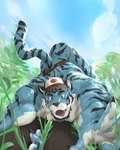 anthro ass_up barazoku baseball_cap bent_over big_muscles claws clothing cloud day dirt eyebrows fur grass hat headgear headwear jockstrap male muscular muscular_anthro muscular_male open_mouth open_smile outside plant sky smile solo teeth tongue tongue_out tree tuft underwear cldmkr felid mammal pantherine tiger 2022 4:5 absurd_res hi_res