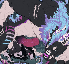 anthro anthro_on_anthro balls black_body black_fur blush clenched_teeth dominant duo erection fluffy from_behind_position fur genitals grass horn knot knotted_penis larger_anthro larger_dom larger_male looking_back male male/male male_anthro mane mounting on_grass on_ground penis pink_penis plant purple_eyes sex size_difference smaller_anthro smaller_male teeth white_body white_fur na1su kasier_relkin thanris_(thanris) felkin sergal hi_res