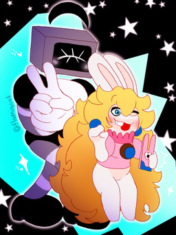 1_eye 5_fingers anthro black_clothing black_eyebrows black_footwear black_shoes blonde_hair blue_background blue_ear_piercing blue_eyes blush blush_lines bottomwear brown_line_art clothing duo ear_piercing eyebrows eyes_closed featureless_legs female female_anthro fingers floating_eyebrows floating_head footwear fur gesture gloves glowing glowing_body grey_body hair hand_gesture hand_pawpads handwear heart_symbol larger_female larger_humanoid long_ears long_hair machine metallic_body mitten_hands mouthless multicolored_body noseless one_eye_closed pants piercing pink_clothing pink_shirt pink_topwear red_tongue screen screen_face shirt simple_background size_difference smaller_female standing star_(shape) taking_picture taking_selfie tan_body tan_bottomwear tan_clothing tan_inner_ear tan_pants tan_skin teeth text thin_eyebrows tongue tongue_out topwear two_tone_body v_sign white_body white_clothing white_fur white_gloves white_handwear flamigoat mario_bros mario_plus_rabbids_kingdom_battle nintendo raving_rabbids rayman_(series) the_oddities_of_olsway ubisoft diane_(flamigoat) rabbid_peach humanoid lagomorph mammal rabbid robot robot_humanoid 2025 artist_name colored colored_line_art crossover digital_drawing_(artwork) digital_media_(artwork) english_description hi_res shaded female_(lore)