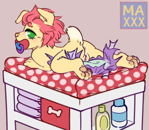 ageplay anthro anus butt changing_table clitoris clothed clothing diaper diaper_change female fur genitals hair looking_at_viewer looking_back looking_back_at_viewer neonate nude object_in_mouth pacifier pacifier_in_mouth pawpads roleplay simple_background solo vulva wearing_diaper young young_anthro maxwtv canid canine canis domestic_dog mammal hi_res