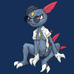 anthro anthrofied beanie blep breasts clothing collared_shirt dress_shirt eyewear feathers female genitals hat headgear headwear mostly_nude pokemorph shirt small_breasts solo sunglasses tongue tongue_out topwear vulva the_gentle_giant nintendo pokemon fan_character neeza_(the_gentle_giant) generation_2_pokemon pokemon_(species) sneasel 1:1 alpha_channel hi_res