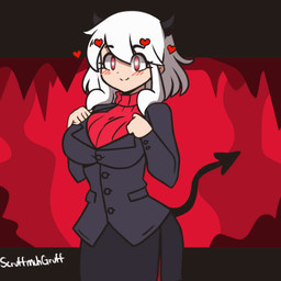 5_fingers big_breasts blush bouncing_breasts breasts clothed clothing eyes_closed female fingers fully_clothed hair heart_eyes heart_symbol horn not_furry open_mouth open_smile ribbed_clothing ribbed_sweater smile solo spade_tail tail tail_motion tailwag white_hair scruffmuhgruff helltaker modeus_(helltaker) demon horned_humanoid humanoid 1:1 2020 2d_animation animated frame_by_frame low_res