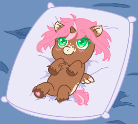 1_horn ambiguous_feral ambiguous_gender blush brown_body brown_fur brown_hooves brown_horn eyelashes featureless_crotch feral fur green_eyelashes green_eyes hair hooves horn lying on_back pillow pink_hair pink_tail smile solo spiral_horn tail wings young young_ambiguous young_feral bananawaifu fluffy_pony mythology equid equine fluffy_pony_(species) mammal mythological_creature mythological_equine winged_unicorn 2025 digital_media_(artwork) english_description microsoft_paint_(artwork)