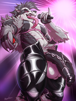 5_fingers abs anthro arm_tuft balls big_balls big_claws big_penis black_body black_eyebrows black_fur black_hair black_nipples black_nose black_penis blue_eyes bodily_fluids bottomwear claws clothed clothing elbow_tuft electronics eyebrows facial_tuft fingers flaccid foreskin fur genitals gesture glans gloves_(marking) grey_body grey_fur grin grinning_at_viewer hair hand_gesture holding_microphone holding_object humanoid_genitalia humanoid_penis latex latex_clothing latex_legwear leg_tuft legwear long_penis long_tongue loose_foreskin male markings microphone muscular muscular_anthro muscular_male nipples no_underwear pants partially_clothed pecs penis penis_poking_out pink_tongue pointing pointing_at_viewer pokeball pubes red_sclera rock_out_with_your_cock_out rockstar saliva saliva_on_tongue scrotum_flap serratus sharp_teeth singer smile smiling_at_viewer smirk smirking_at_viewer solo teeth tongue tongue_out topless topless_anthro topless_male tuft unretracted_foreskin vein veiny_penis white_ball white_body khayen nintendo pokemon generation_8_pokemon obstagoon pokemon_(species) 2025 3:4 absurd_res hi_res