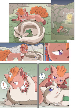 6_tails armband badge black_nose blue_eyes blush campfire countershading duo ear_nibble ear_ribbon exclamation_point eye_contact female feral fluffy fluffy_tail fur gloves_(marking) grass green_armband hug hugging_another kerchief kissing leg_markings looking_at_another male male/female markings multi_tail neck_ribbon neckerchief neckwear on_grass on_ground orange_tail outside paws pink_body pink_ears pink_fur plant pointy_ears prick_ears quadruped red_ribbon snout socks_(marking) tail tan_body tan_fur yamatokuroko965 nintendo pokemon pokemon_mystery_dungeon spike_chunsoft generation_1_pokemon generation_3_pokemon linoone pokemon_(species) vulpix 2026 comic digital_media_(artwork) hi_res
