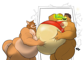 anthro beard belly belly_grab belly_squeeze belly_squish big_belly big_butt big_nipples black_lips body_hair bottle bottomless bottomless_male brown_hair butt clothed clothing container cracked_wall doorway drinking duo facial_hair fluffy fluffy_chest fur glowing_liquid green_liquid hair hand_on_belly holding_bottle holding_container holding_object huge_belly lips long_hair love_handles male male/male musclegut muscular muscular_anthro muscular_male navel nipples nude overweight overweight_anthro overweight_male pecs pink_nipples red_clothing red_shirt red_tank_top red_topwear shirt squish standing tan_beard tan_body tan_fur tan_hair tan_mustache tank_top thick_lips thick_thighs tight_clothing tight_shirt tight_topwear topwear cerulien47 dkmate1 cerulien kole_(usernametaken2010) felid kangaroo lion macropod mammal marsupial pantherine