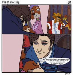 anthro black_nose border brooch brown_eyes cape chair cheek_tuft closed_door clothed clothed_anthro clothed_female clothed_human clothed_male clothing countershade_face countershade_fur countershading crown crown_jewels dialogue door double_door eyebrows eyelashes facial_tuft female female_anthro feral fingers fully_clothed fully_clothed_male fur furniture group hand_holding hat hat_feather headdress headgear headwear inside iris light_body light_skin looking_at_viewer loose_feather male male_anthro male_human narrowed_eyes nobleman page_number pupils robe sitting snout speech_bubble standing stone_floor stone_wall text title tuft wall_(structure) white_border wimple sir_paulus disney robin_hood_(disney) maid_marian pavel_(sir_paulus) prince_john sir_hiss canid canine canis felid feline fox human lion mammal pantherine reptile scalie snake artist_name comic english_text hi_res niece_(lore) uncle_(lore) uncle_and_niece_(lore)