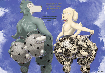 anthro balls big_butt bottom_heavy bottomwear bubble_butt butt clothed clothing clothing_pull curvy_figure dialogue duo fishnet_clothing fishnet_legwear genitals huge_butt legwear looking_back male mostly_nude scar skimpy text thick_thighs tights torn_clothing voluptuous voluptuous_male wide_hips oddkangal beastars jack_(beastars) legoshi_(beastars) bird_dog canid canine canis domestic_dog hunting_dog labrador mammal retriever wolf 2025 english_text hi_res
