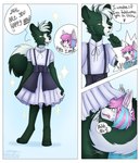 anthro bottomwear canid canine canis clothed clothing comic crossdressing dialogue dirty_talk domestic_dog dress duo femboy hair husky imminent_fart implied_fart male male/male mammal mephitid multicolored_hair nordic_sled_dog oliver_(rbaker) skirt skunk skunk_tail speech_bubble spitz y32010g