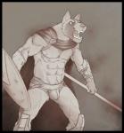 abs anthro armor biceps biped black_border blue_eyes border bulge cape cheek_tuft clothed clothing facial_tuft fangs fighting_pose fur gladiator holding_object holding_shield holding_weapon jockstrap looking_forward male manly muscular muscular_anthro muscular_male nipples open_mouth pecs pose schynbalds shield skimpy solo spartan_armor_(roman) standing straps teeth topless tuft underwear vambrace warrior weapon wrist_guards superslickslasher ares_(aresakita) spartan_(roman) canid canine canis domestic_dog mammal wolf 2013 signature