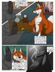 2014 abs anthro anthro_on_anthro athletic balls bed biceps big_balls big_muscles big_penis black_nose black_penis brown_body brown_fur canid canine canis chest_tuft comic dialogue dipstick_ears dipstick_tail duo ear_markings english_text erection fangs foreplay fox fur furniture genitals green_eyes grey_body grey_fur hair hi_res humanoid_genitalia humanoid_penis humor jonathan_(juano) juano male male/male mammal markings multicolored_ears muscular muscular_anthro muscular_male nude open_mouth orange_body orange_fur pecs penis penis_size_difference pose red_fox sitting stephen_(juano) tail tail_markings teeth text true_fox tuft white_body white_fur wolf