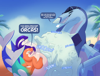 after_vore aircraft ambiguous_gender belly belly_squish big_belly blue_belly blue_body blue_eyes blue_tail blue_wings dialogue dolphin_tail dorsal_fin feral feral_pred fin group huge_belly machine orange_body palm_tree plant purple_body speech_bubble squish struggling struggling_prey tail text tree trio vehicle vore wings dolphinproject aquatic cetacean dire_machine dolphin living_aircraft living_machine living_vehicle mammal oceanic_dolphin orca toothed_whale 2026 english_text hi_res