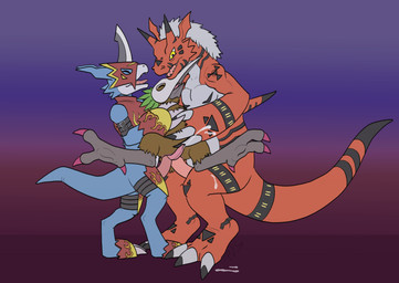anthro armor beak blue_body bodily_fluids brown_body cloacal cloacal_penetration cloacal_penis cum ejaculation feet feral genital_fluids genitals group group_sex male male/male markings open_beak open_mouth penetration penis red_body seminal_groove sex simple_background spread_legs spreading sulcus sulcus_spermaticus talons threesome toes trio p.v.su bandai_namco digimon mythology avian bird digimon_(species) dragon flamedramon growlmon kiwi_(bird) kiwimon mythological_creature mythological_scalie ratite reptile scalie absurd_res hi_res