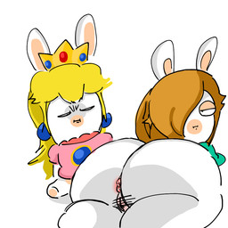 anthro anus bangs big_butt black_eyes blonde_hair blue_ear_piercing bottomless bottomless_anthro bottomless_female butt butt_envy censor_bar clothed clothed_anthro clothed_female clothing crown duo ear_piercing featureless_legs female female_anthro fur gem genitals hair hair_over_eye half-closed_eyes headgear huge_butt huge_thighs light long_ears long_hair looking_at_butt looking_back lying mouth_closed multicolored_body narrowed_eyes no_eyebrows noseless oblivious on_front pawpads piercing pink_anus pink_clothing pink_shirt pink_topwear ruby_(gem) sapphire_(gem) shirt simple_background sitting squint star_ear_piercing tan_eyelids tan_inner_ear tan_pawpads teal_clothing teal_topwear thick_thighs topwear two_tone_body vulva white_background white_body white_fur osirisky mario_bros mario_plus_rabbids_kingdom_battle mario_plus_rabbids_sparks_of_hope nintendo raving_rabbids rayman_(series) ubisoft rabbid_peach rabbid_rosalina lagomorph mammal rabbid 1:1 2022 cel_shading colored crossover digital_drawing_(artwork) digital_media_(artwork) japanese_description lighting shaded