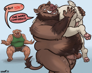 after_sex anthro areola arm_hair backsack bald ball_tuft balls barazoku barefoot belly belly_hair big_belly bodily_fluids body_hair body_swap bottomwear butt carrying_another clothing cum cum_on_belly cum_on_body cum_on_butt deep_navel erection faceless_character faceless_male feet genital_fluids genitals group hand_on_butt hooves male moobs musclegut muscular navel nipples nude_male obese obese_anthro obese_male overweight overweight_anthro overweight_male paws penis penis_size_difference shorts shoulder_carry size_difference thick_thighs trio tuft tusks nanoff joe_(nanoff) suarez_(nanoff) domestic_pig mammal suid suine sus_(pig) 2025 hi_res