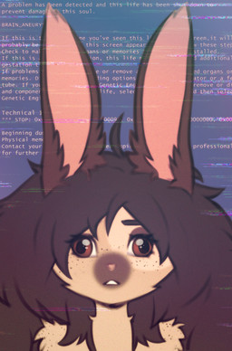 ahoge anthro brown_body brown_eyes brown_fur brown_hair eyelashes female freckles front_view fur hair long_hair looking_at_viewer open_mouth pose solo text text_background elronya fan_character ronya lagomorph leporid mammal rabbit bust_portrait english_text portrait
