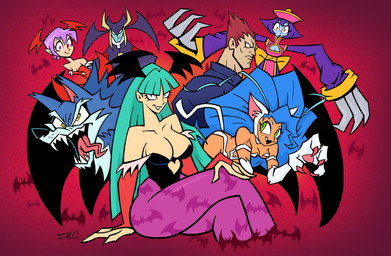 anthro bat_wings blue_body blue_fur blue_hair breasts butt claws cleavage clothed clothing crazed_look emblem exposed_ass female fur green_eyes green_hair group hair head_wings male membrane_(anatomy) membranous_wings navel nude purple_hair salomoncallee smug technically_nude toony unusual_wing_placement white_body white_eyes white_fur wings asian_mythology capcom chinese_mythology darkstalkers east_asian_mythology mythology demitri_maximoff felicia_(darkstalkers) hsien-ko_(darkstalkers) jedah_dohma jon_talbain lilith_aensland morrigan_aensland bat canid canine demon domestic_cat felid feline felis humanoid jiangshi mammal mythological_canine mythological_creature succubus undead vampire werecanid werecanine werecreature werewolf hi_res