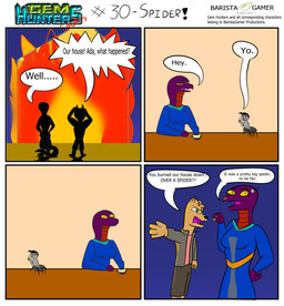 anthro clothing cochlear_implant_processor coffee_cup container cup deaf dialogue female fire furniture jacket keikogi male martial_arts_uniform shadow simple_background sportswear table text topwear baristagamerproductions ada_(gem_hunters) alfonso_(gem_hunters) background_character arachnid arthropod canid canine canis dingo mammal reptile scalie snake spider absurd_res comic english_text hi_res