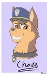 brown_body brown_eyes brown_fur clenched_teeth clothing collar fangs fur hat headgear headwear police police_dog police_hat smile solo tan_body tan_fur teeth text jimfoxx paw_patrol chase_(paw_patrol) canid canine canis domestic_dog german_shepherd herding_dog mammal pastoral_dog 2020 headshot_portrait hi_res portrait signature