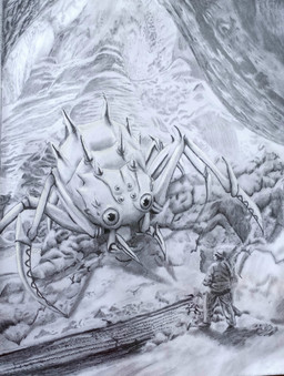 6_eyes ambiguous_gender biped clothed clothing duo feral multi_eye multi_limb outside shadow standing blackdragon21 so_i'm_a_spider_so_what? kumoko arachnid arthropod human mammal spider 2023 absurd_res hi_res monochrome traditional_media_(artwork)