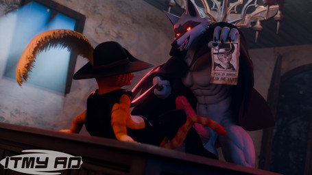 abs against_surface anthro arm_support balls belt boots bottomless cape cloak clothed clothing duo ears_up erection facial_markings footwear fur fuzzy genitals glowing glowing_eyes grey_body grey_fur grin half-closed_eyes hat head_markings headgear headwear holding_object holding_wanted_poster holding_weapon humanoid_genitalia humanoid_penis imminent_sex inside larger_anthro larger_male leaning leaning_backward licking licking_lips light light_beam looking_at_another male male/male markings mask_(marking) muscular muscular_anthro muscular_male muscular_thighs narrowed_eyes open_mouth open_smile orange_body orange_fur partially_clothed penis pointing_weapon pointy_ears prick_ears red_eyes sharp_teeth shoes sickle size_difference smaller_anthro smaller_male smile sunbeam sunlight tail teeth tongue tongue_out vein veiny_penis wall_(structure) wanted_poster weapon window itmy_ad valorlynz_(modeler) dreamworks puss_in_boots_(franchise) death_(puss_in_boots) puss_in_boots_(dreamworks) canid canine canis domestic_cat felid feline felis mammal tabby_cat wolf 16:9 3d_(artwork) digital_media_(artwork) hi_res widescreen