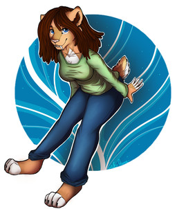 4_toes 5_fingers anthro barefoot biped blue_clothing blue_eyes breasts brown_hair clothed clothing dreadlocks feet female fingers fully_clothed fur green_clothing hair inner_ear_fluff orange_body orange_fur short_tail snaggle_tooth solo standing tail teeth toes tuft white_body white_fur aoree felid mammal prehistoric_species saber-toothed_tiger hi_res