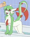 anthro areola bathroom bathtub bent_over breasts disembodied_hand duo female fin green_body green_hair hair humanoid_hands inside medium_breasts nipples nude open_mouth partially_submerged pink_areola pink_nipples rubber_duck sharp_teeth solo_focus standing_in_water tail tail_fin teeth tongue tongue_out white_body soupbag nintendo pokemon fish gardevoir generation_3_pokemon hybrid marine pokemon_(species) shark 2023 hi_res