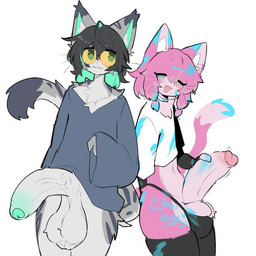 :3 anthro balls big_penis black_clothing black_hair black_legwear black_stockings black_thong black_underwear blush clothing crop_top duo erection foreskin fur genitals green_eyes grey_body grey_fur hair huge_penis humanoid_genitalia humanoid_penis hung_femboy inner_ear_fluff legwear long_sleeves looking_away male male/male markings multicolored_hair navel one_eye_closed open_mouth penis penis_grab pink_body pink_fur pink_hair saggy_balls shirt standing stockings tail thick_thighs thong topwear tuft two_tone_hair underwear whiskers yellow_sclera shiyaa_stuff domestic_cat felid feline felis mammal 1:1 colored colored_sketch digital_drawing_(artwork) digital_media_(artwork) flat_colors sketch